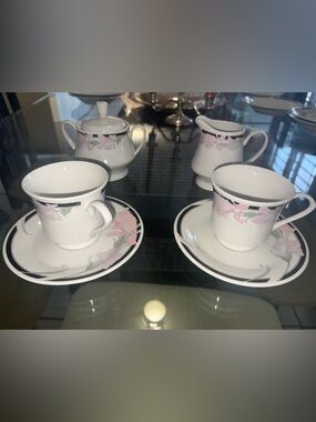 VINTAGE Pink orchid Coffee Set with black Accents